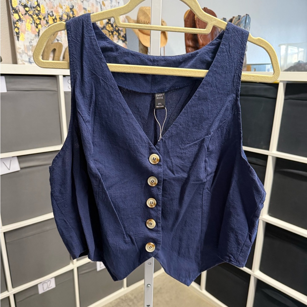 Emery Rose Navy Button-Down Waistcoat Vest Top